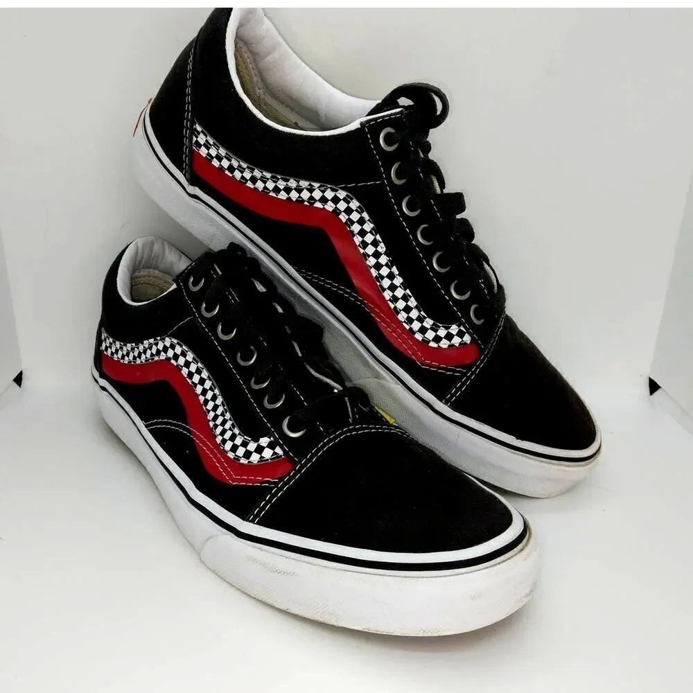 Vans Off the Wall Black Checkered Stripes w/Red Yellow Lace-up Sneakers - sz. 10